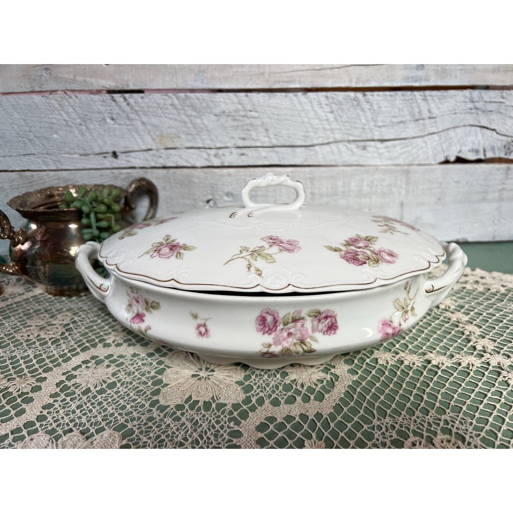 Bassett Limoges Austria lidded porcelain casserole dish * Pink Floral Design